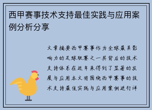 西甲赛事技术支持最佳实践与应用案例分析分享