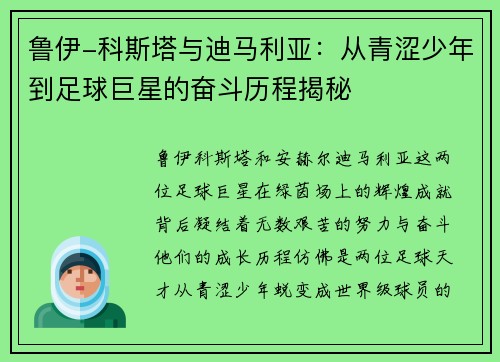 鲁伊-科斯塔与迪马利亚：从青涩少年到足球巨星的奋斗历程揭秘