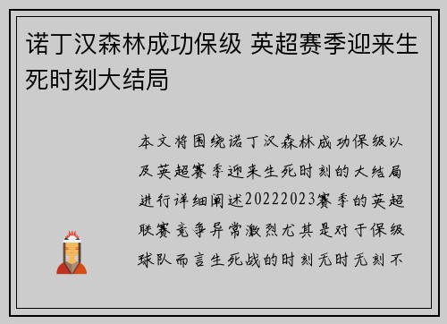 诺丁汉森林成功保级 英超赛季迎来生死时刻大结局