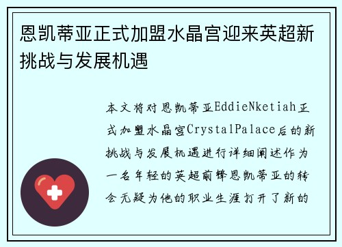 恩凯蒂亚正式加盟水晶宫迎来英超新挑战与发展机遇